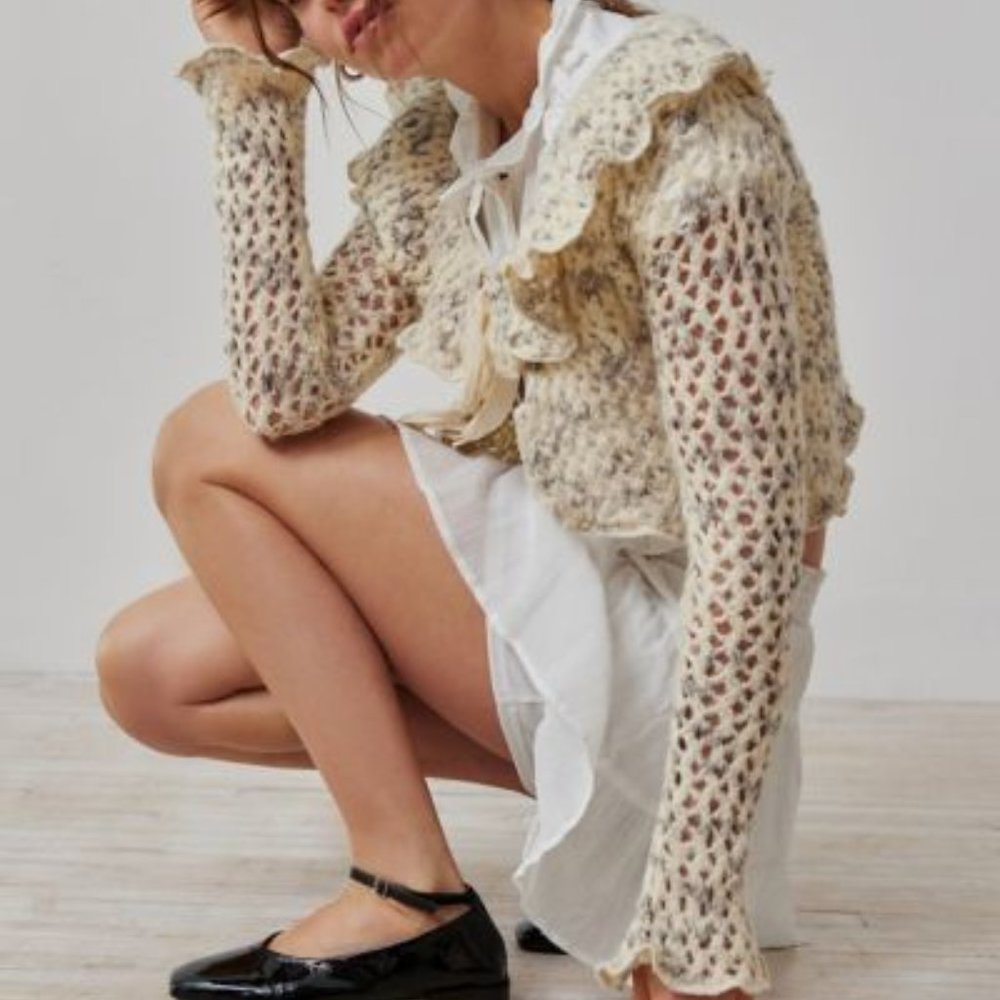 NWT Kimchi Blue Aster Open-Knit Ruffle Beige Soft Cardigan